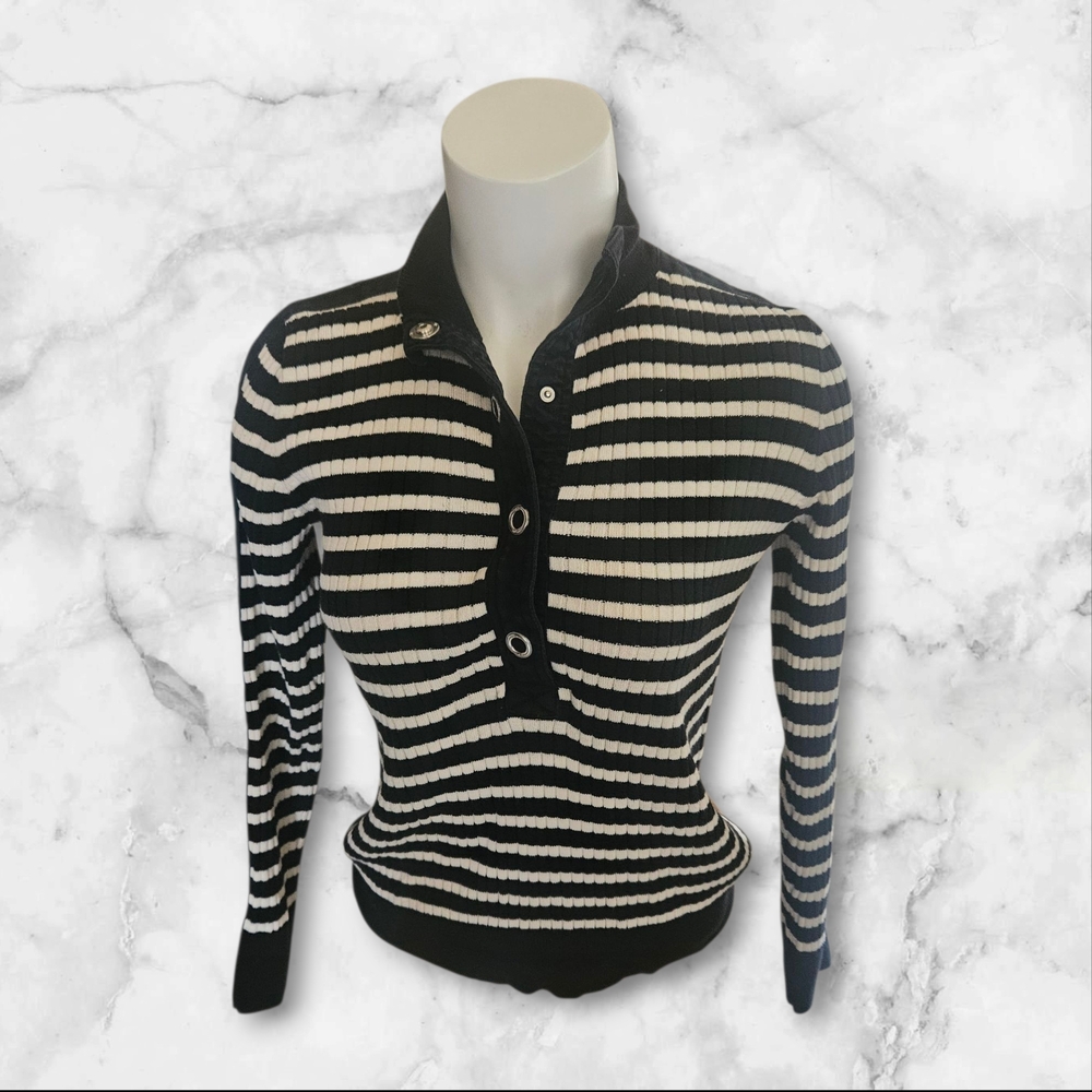 Lauren Ralph Lauren Striped Ribbed Knit Henley Sweater Sz S Black White Women